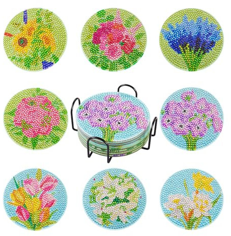 Beadthoven Lot de 8 dessous-de-verre en forme de fleur avec strass 5D et outils pour décoration de bureau