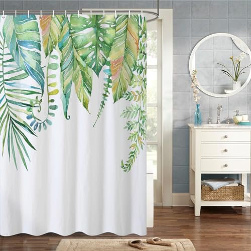 MIRRORANG 120x180cm Botanique Rideau De Douche Feuille Verte Aquarelle Plante Florale Modèle Rideau De Douche pour Salle De Bain Tissu Polyester Imperméable Ensemble avec Crochets