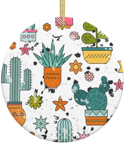 Cercle blanc en céramique à suspendre pour sapin de Noël Boule rétro Cactus Fleur Plantes Décoration de Noël pour fête de Nouvel An