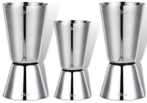 Cocktail Measure Cup 2PCS 25/50ml and 1PCS 15/30ml Set Stainless Steel Cocktail Jigger Cocktail Measure Cup Set Spirit Measure Single and Double Spirit Measure for Cocktail Measurements