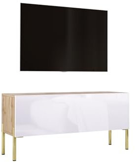 3E 3xE living.com TV-Schrank in Wotan Eiche/Weiß Hochglanz mit Beinen in Gold, A: B: 100 cm, H: 52 cm, T: 32 cm. TV-Möbel, TV-Tisch, TV-Bank