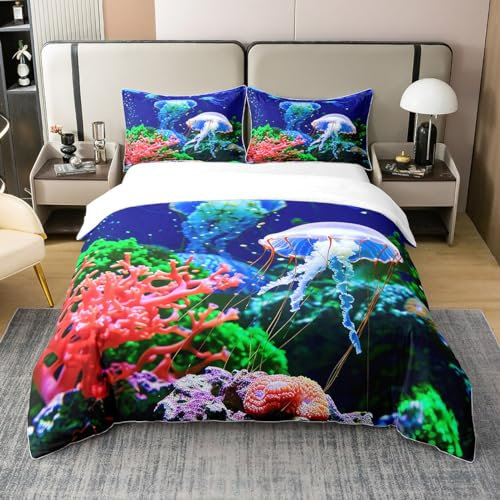 Homewish 100% Bio Baumwolle Quallen Tröster Abdeckung 200x200,Ozean Nautische Bettbezug Hawaii Strand Bettwäsche Set für Kinder Jugend Erwachsene,Unterwasser Meer Tier Korallen Bettbezug Dekor