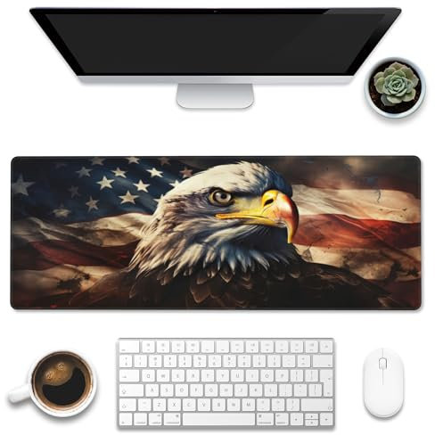 Schreibtischunterlage, amerikanischer Weißkopfseeadler, großes Gaming-Mauspad, Größe XL, USA-Flagge, Adler, erweitertes großes Computer-Tastatur-Mauspad mit rutschfester Unterseite und genähtem Rand