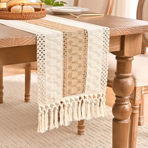 Aisybaklyn Tischband Herbst Tischläufer Baumwolle Leinen Boho Style Tisch Läufer HäkelHäkelspitze Moder Handquasten Tischdecke Für Rustikale Hochzeit Küchen Tabletop Tisch Deko, Braun, 30x180cm