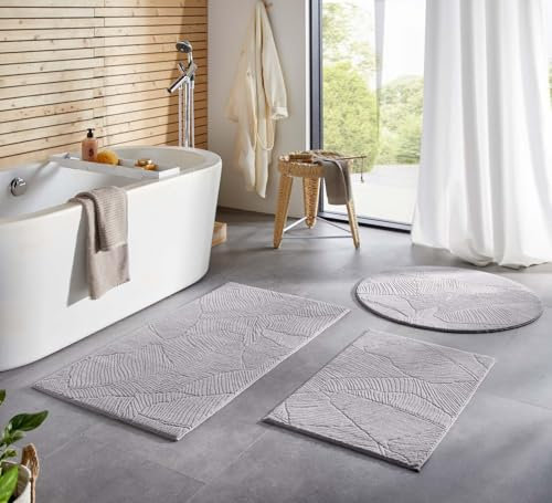 Taracarpet Badematte Homestyle rutschfest waschbar Badezimmerteppich Bad-Vorleger, WC Deko, Duschvorleger für Dusche und Badewannen sehr weich und als Set kombinierbar Grau Blätter 060x120 cm