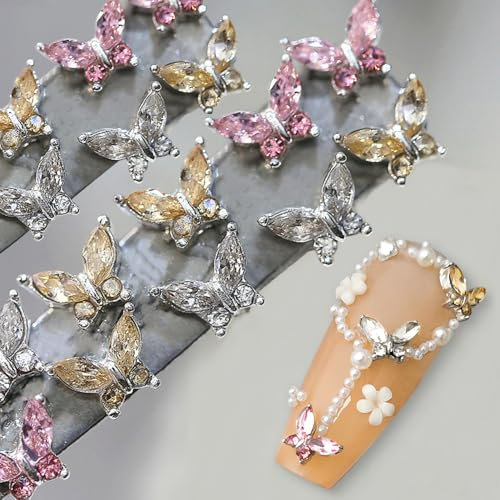 Mini Zirkon Schmetterling Nail Charms - Y2K Weiß Champagner Rosa Strass Kristall Schmetterlinge 3D Butterfly Design Nagel Deko Nägel Zubehör
