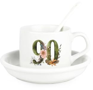 Floral Age 90 Cup & Saucer Set with Spoon - 90th Birthday Milestone Gifts for Her - Ceramic White Mug Coffee/Tea Hot Drinks Present
