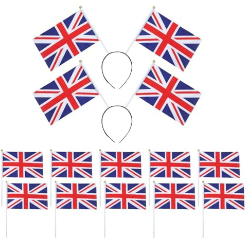 2 Stück Britische Stirnbänder, 10 Stück Britische Handschwenkende Flaggen, Britische Party-Haaraccessoires, Feier-Kopfbedeckungen, Stirnbänder Zum Nationalfeiertag, Feiertagsparty-Dekorationen