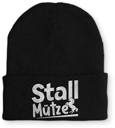 tshirtladen Stall Mütze Reiter Wintermütze lustige Beanie mit Stick OneSize, Farbe: Black