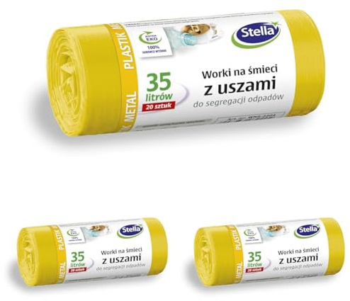 STELLA 032204 Müllbeutel mit Henkeln für Metall Plastik/und Kunststofftrennung | 35 L | 20 Stück | Müllsack Mülltüte Abfallsäcke für Den Hausmüll Büro aus dicker LDPE-Regranulatfolie Farbe: Gelb