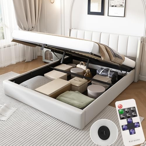 Zepneiy Lit Double LED USB avec Coffre et Tête Réglable, Capitonné, Cadre 140x200 (sans Matelas)