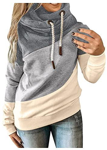 Cocila Damen Hoodie Oversize Grau Langarm Farbblock Kapuzenpullover Damen Hoodie Grau Oversize Langarm Farbblock
