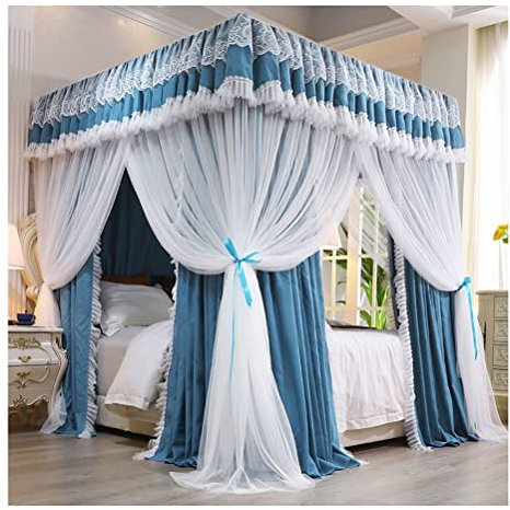 Bettvorhang mit 4 Himmelstangen-Eckbetten für Einzelbett, Prinzessinnen-Bettvorhänge für Erwachsene, Schlafzimmerdekoration, mit Halterung (Farbe: Blau, Größe