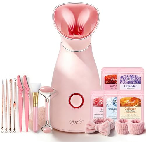 Pjordo Facial Steamer Spa Kit, 12 Skin Care Tools & 5 Jelly Mask Powder, Nano Ionic Steamer for Facial Deep Cleaning Unclog Pores Sinuses, Warm Mist Humidifier for Home SPA, Self Care Gifts for Women