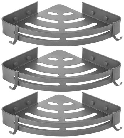 Suimlmta 3 Tier Corner Shower Caddy, Adhesive Shower Shelf with Hooks, Wall Mounted Bathroom Shelves Storage Organizer Rack, Grey
