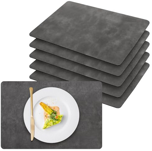 SINJEUN 6 Stück 43 x 30cm Dunkelgrau Tischset Leder, Platzset Platzdeckchen Abwaschbar, Platz Matten Tischmatten für Esszimmer und Küche