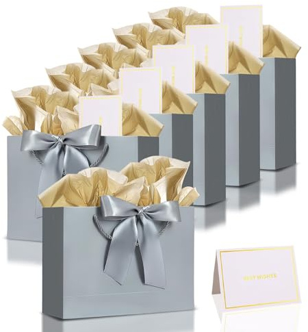 Geschenktüten mit Schleife,6 Stück Geschenktüten Papier mit Griffen Silber Grau,6 Schleifenbändern 6 Grußkarten 12 Seidenpapier,Verpackung Geschenke für Geburtstag,Hochzeit,Party,Bogenpapier