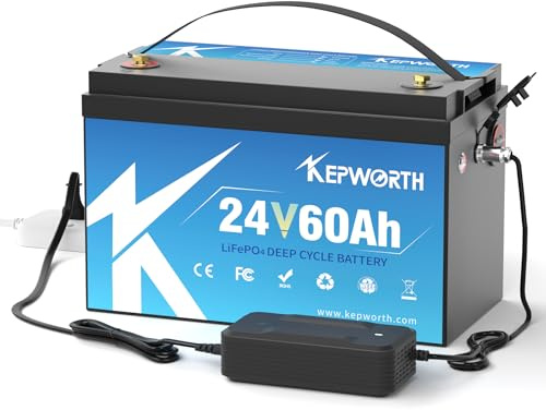 KEPWORTH Batterie 24V Lithium 60Ah LiFePO4 Protection à Basse Température, 60A BMS, 1536Wh Énergie, pour Camping Car, caravanes, système Solaire,pêche à la Ligne, avec Chargeur 5A