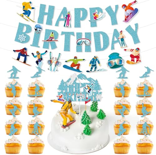 Skiing Birthday Party Decorations for Women Men, Winter Sport Snowboarder Snowflakes Ski Themed - Happy Birthday Banner Cake Cupcake Toppers for Skier Birthday Party Decor Baby Shower Supplies