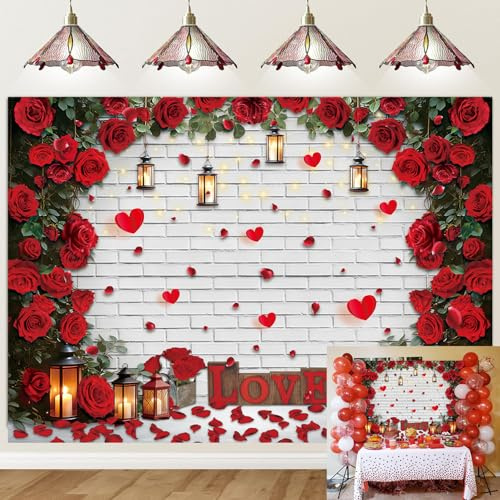 Rose Flowers Wall Backdrop Red Valentine's Backdrop Retro White Brick Wall Romantic Photography Background Kids Adults Valentine's Day Wedding Bridal Shower Birthday Party Banner Photo Props (7x5FT)