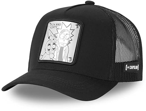 Capslab Rick und Morty Trucker-Kappe | Front-Patch, Einheitsgröße für Erwachsene, Druckverschluss, gebogenes Visier, atmungsaktiv, Mesh und Vorderseite, schwarz, Mütze für Herren und Damen