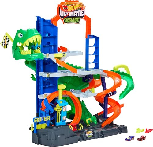 Hot Wheels City Ultimative T-Rex Garage und 2 Druckguss-Spielzeugautos | Set mit 2 Fahrzeugen im Maßstab 1:64, mit Dino-Gegner, Platz für 50+ Autos und Trucks, JHL98