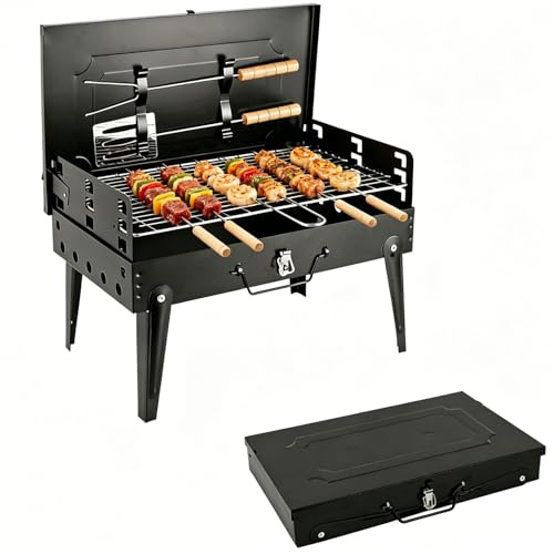 Holzkohlegrill BBQ Grill mit Deckel und Schornstein, Tragbarer Outdoor Campinggrill Smoker mit Doppelter Luftzufuhr, 2 Kohleschalen und Holzgriff für Garten, Terrasse und Picknick