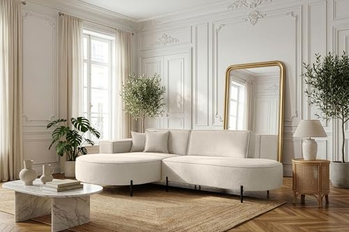 WFL GROUP Ecksofa 3-Sitzer im Loft-Stil, Skandi-Design – L-Form, Ecke Links – Hohe Metallfüße – inkl. Dekokissen, weiches Boucle – Creme