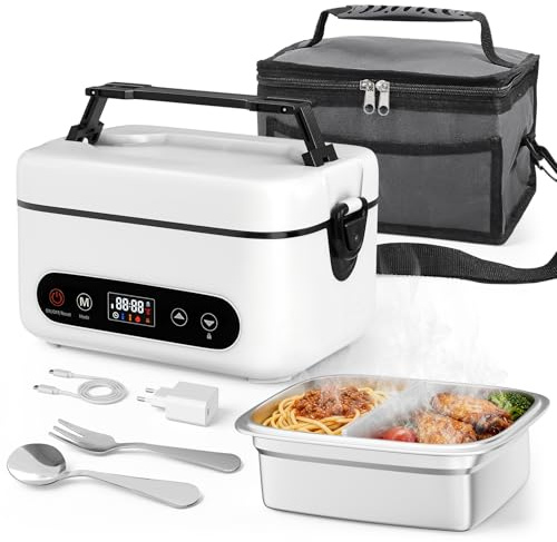 Jradse Fiambrera Electrica, 100W Fiambrera Calefactable Inalámbrica con Capacidad de 1,2L, Calentador de Alimentos de Acero Inoxidable, Fiambrera Autocalefactable con Bolsa Térmica para Viaje, Oficina