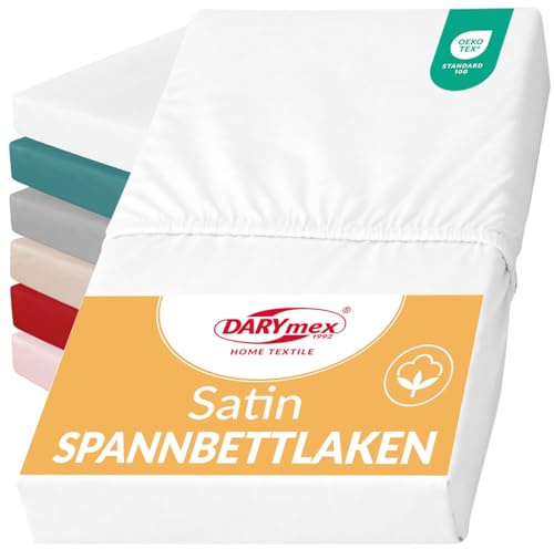 Darymex Spannbettlaken, Baumwoll-Satin, 200x220 cm, bis 20 cm, Weiß | Satin Spannbetttuch, glatt und glänzend, 100% Baumwolle, Satinwebung, für Schlafzimmer, Gästezimmer, Hotel
