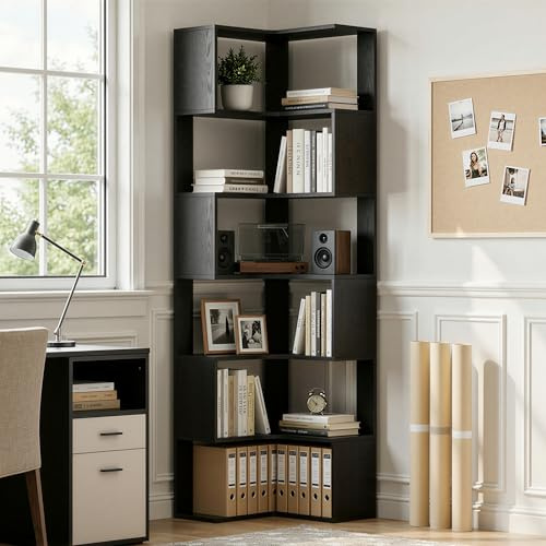 IRONCK Corner Bookshelf 6-Tier, 204cm Tall L-Shaped Bookcase with Anti-Drop Panel, Corner Shelf Storage Display Rack, Shelving Units for Living Room Bedroom Office, Black