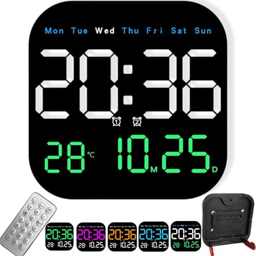 Multifunctional Digital Alarm Clock for Home & Office, Large Digital Wall Clock Battery Operated, LED Wall Clock with Adjustable Brightness, Date Day Temperature Display for Wall & Desk (Tricolor)