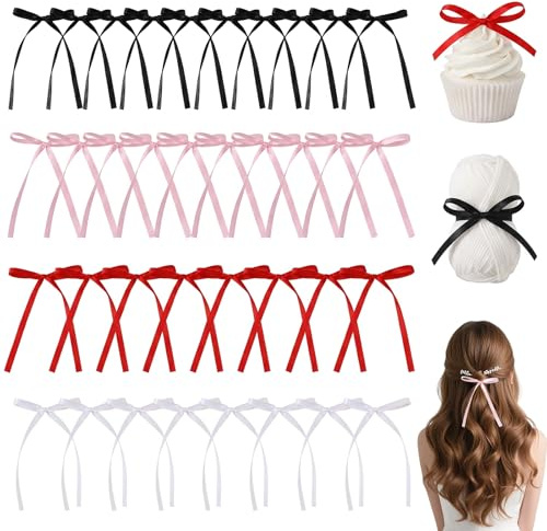 40 adornos para tartas con lazo, de poliéster, colores: negro, rosa, rojo y blanco, para cumpleaños, aniversarios de boda, fiestas, baby showers y decoración del árbol de Navidad.