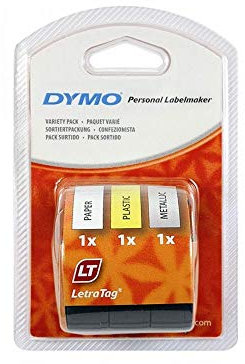 Dymo 12331 Papierband (selbstklebendes, für LetraTag-Etikettiergeräte, 1,27 cm, 4-Meter-Rolle) 3er-Beginnerset verschiedenen Farben