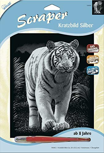 MAMMUT 136040 - Kratzbild, Motiv Tiger, silber, glänzend, Komplettset mit Kratzmesser und Übungsblatt, Scraper, Scratch, Kritzel, Kratzset für Kinder ab 8 Jahre