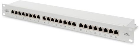 DIGITUS Patchpanel - 19-Zoll - Cat-5e - 24-Port RJ45 - Geschirmt - LSA Patch-Feld - Rack-Montage 1HE - Grau