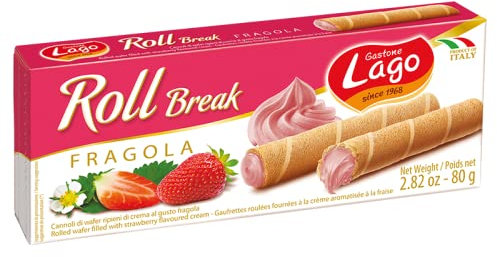 Lago 1968, Roll Break 80g, Cannoli di Wafer Ripieni di Crema alla Fragola 66%