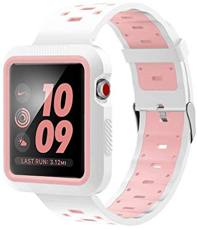 Watchband Replacement For Apple Watch Strap 38mm, Breathable Nike+ Style Soft Silicone Sport Strap for iWatch Apple Watch Strap Series 1,2,3 (WHITE/PINK)