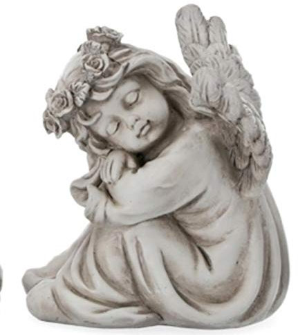 Trauer-Shop Polyresin Figur Grabengel Creme Grau mit Blumenkranz