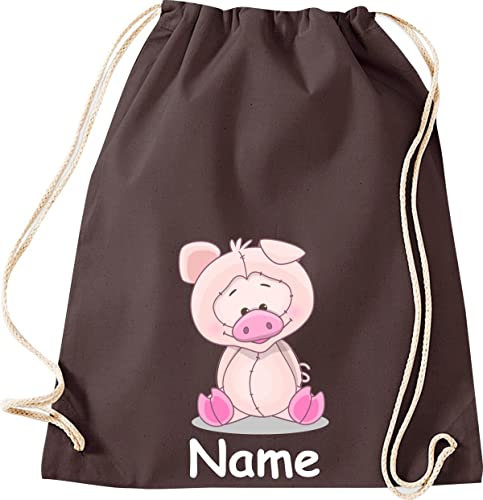 ShirtInStyle Turnbeutel Tiere Schwein Schweinchen mit Wunschnamen, Beutel Tasche Hort Kita, Farbe braun