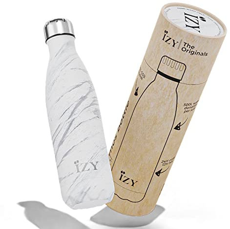 IZY Trinkflasche, Marmor, Weiß, Wasserspende, Thermoskanne, Wasserflasche, Thermobecher, BPA-frei, Trinkflasche aus rostfreiem Stahl, Heiß oder kalt für 12 Stunden, 500 ml