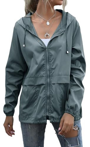 ORANDESIGNE Veste de Pluie Imperméable pour Femmes Léger Veste De Pluie Courte Coupe Vent Extérieure Manteaux à Capuche Vacance Coupe-Vent Zippé Gris foncé S