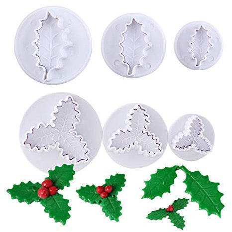 6Pcs Christmas Holly Leaf Plunger Cutters, Cake Cupcake Gum Paste Sugar Craft Decorating Tools