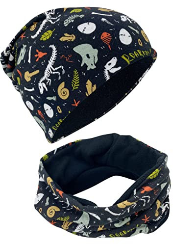 HECKBO Kindermütze Winter Beanie & Halstuch Set - Dinosaurier - 2-6 Jahre - 95% Baumwolle mit Fleece Innen