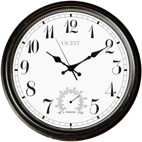 OCEST Große Außen- und Innenuhr, wasserdichte Wanduhr mit Thermometer, wetterbeständig, Nicht tickend, batteriebetrieben, dekorative Uhr für Terrasse, Pool, Lanai, Badezimmer (40 cm)