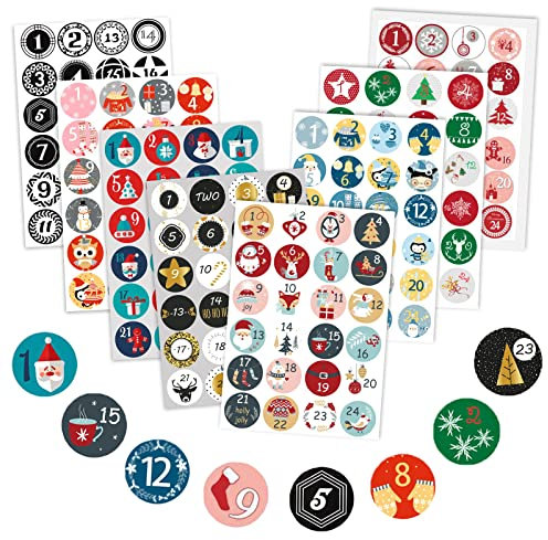 Viilich Adventskalender Zahlen Aufkleber,8 X 24 Adventskalender Nummern Sticker, Kalender zum selber basteln,für Aufkleber zum Verzieren von Geschenkschachteln, Geschenktüten