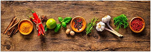 Teppich Läufer Holz-Optik Kräuter Gemüse als Küchenteppich - Rutschfester Küchenläufer in 60x180 cm als Flur Brücke - Waschbarer Teppichläufer für Küche, Schlafzimmer, Wohnzimmer