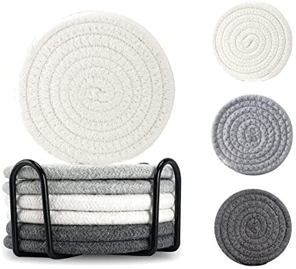 Untersetzer Gläser mit Halter, Vintage Handgefertigte Tassenuntersetzer Set 6 Stück für Tischschutz, Runde, Saugfähige Baumwolluntersetzer, Getränkeuntersetzer