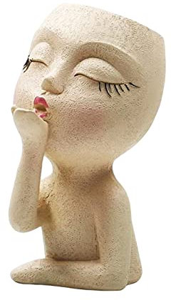 DRYFAL Pot de fleurs en forme de visage avec tête de pot de fleurs pour plantes d'intérieur en résine avec trou de drainage. Statue de femme décorative cadeau