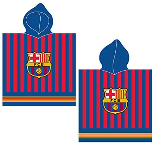 FC Barcelona Kinder Kapuzen Bade-Poncho Fußball 60x120 cm 100% Baumwolle Veloursqualität Bademantel Pareo Badetuch Strandtuch Duschtuch Handtuch FCB Fan Primera Division Stadion Camp NOU Barça